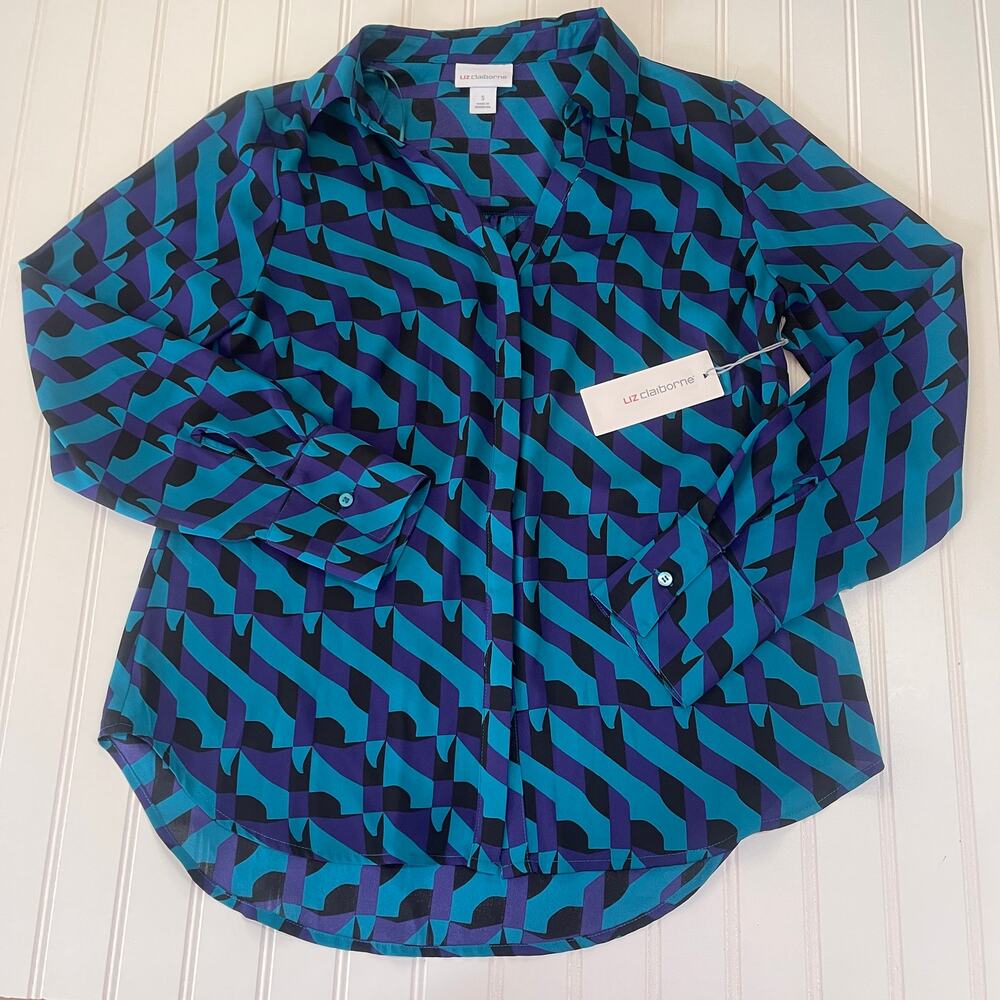NWT Liz Claiborne Geometric Button Down Blouse Work Career Office Womens Small